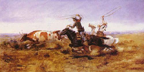 Charles M Russell O.H.Cowboys Roping a Steer Spain oil painting art